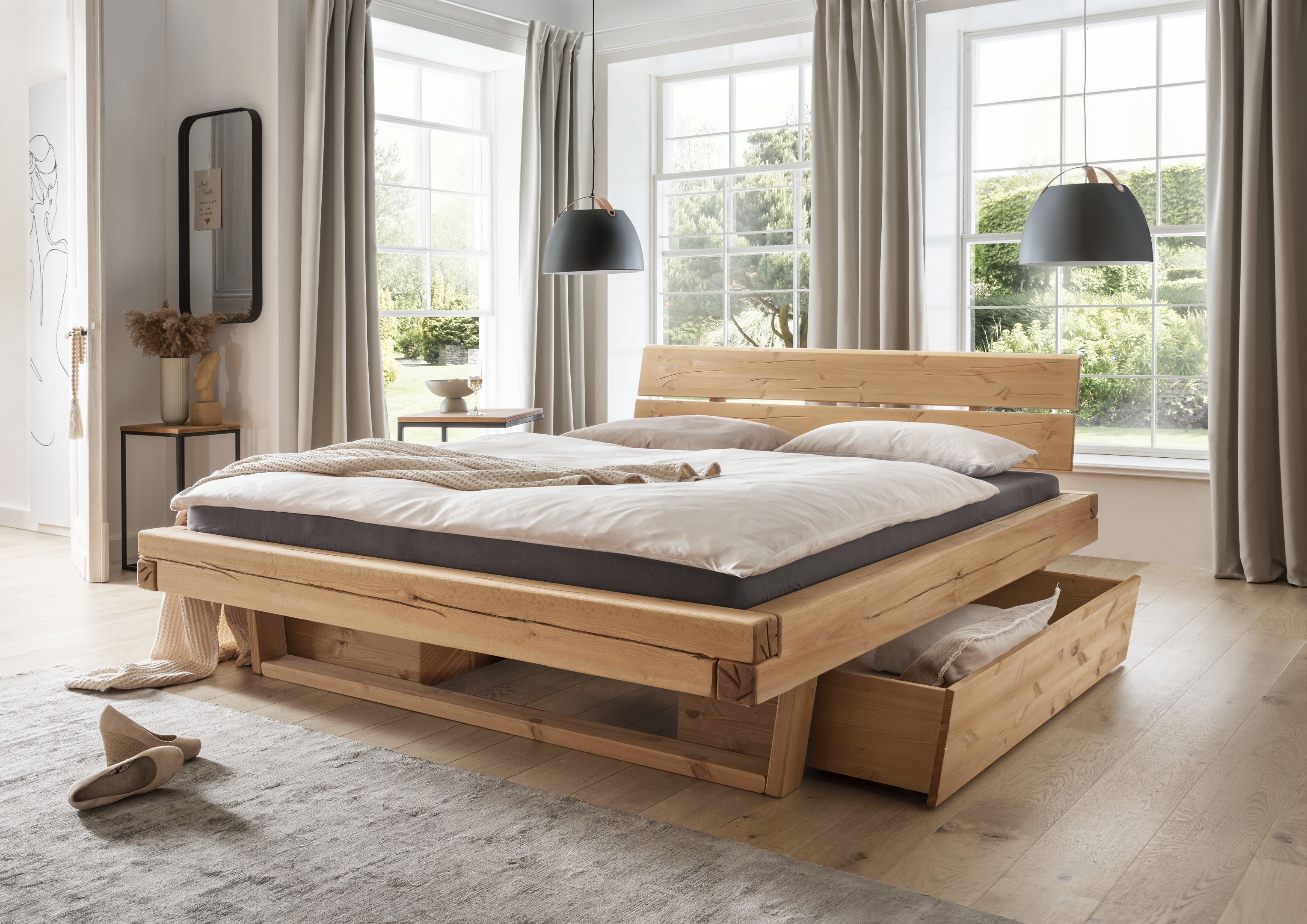 Balkenbett, Futonbett Kiefer massiv, geölt