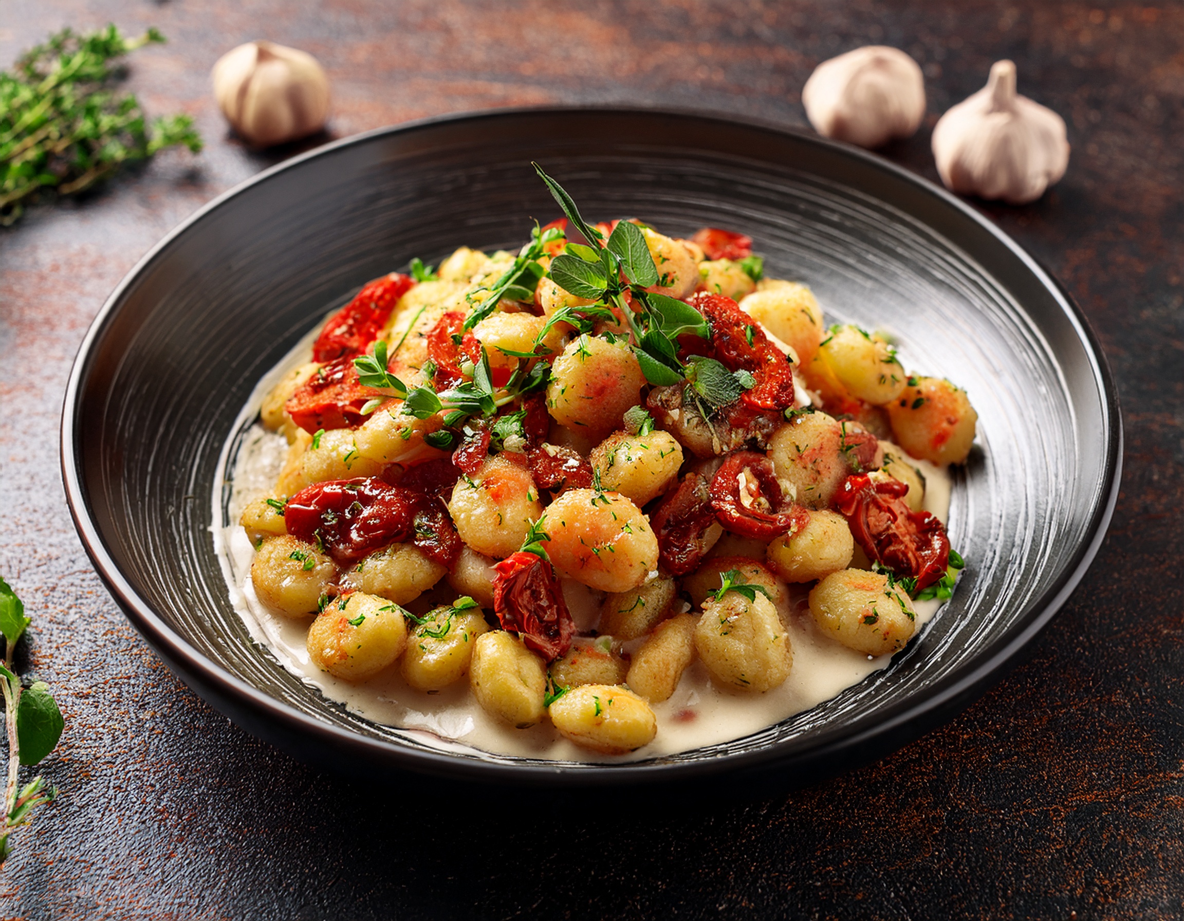 Gnocchi-Gemüsepfanne mit getrockneten Tomaten und Kräuterrahm