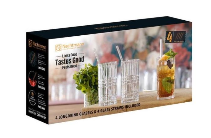 Nachtmann 4er-Set Longdrink-Gläser + Glas-Trinkhalme TASTES GOOD